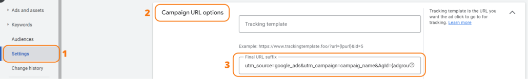 Final URL suffix location in Google Ads campaign settings
