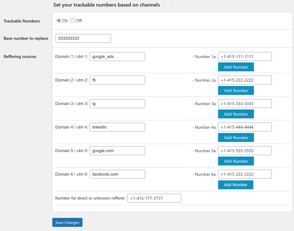 Trackable numbers tab in leader-for-wp plugin