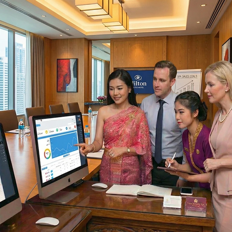 Sheva_Team_viewing_performance_data Spa management team and consultants analyzing revenue data on a computer screen.