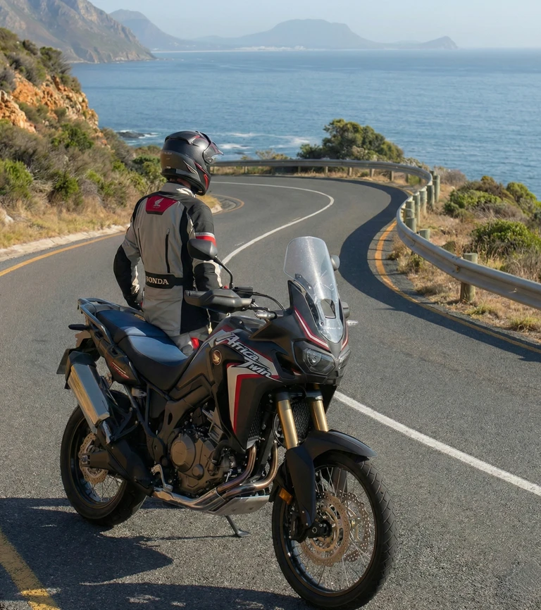 A motorcyclist riding a Honda adventure bike on a scenic road, designed as a vertical side image for a business case study.