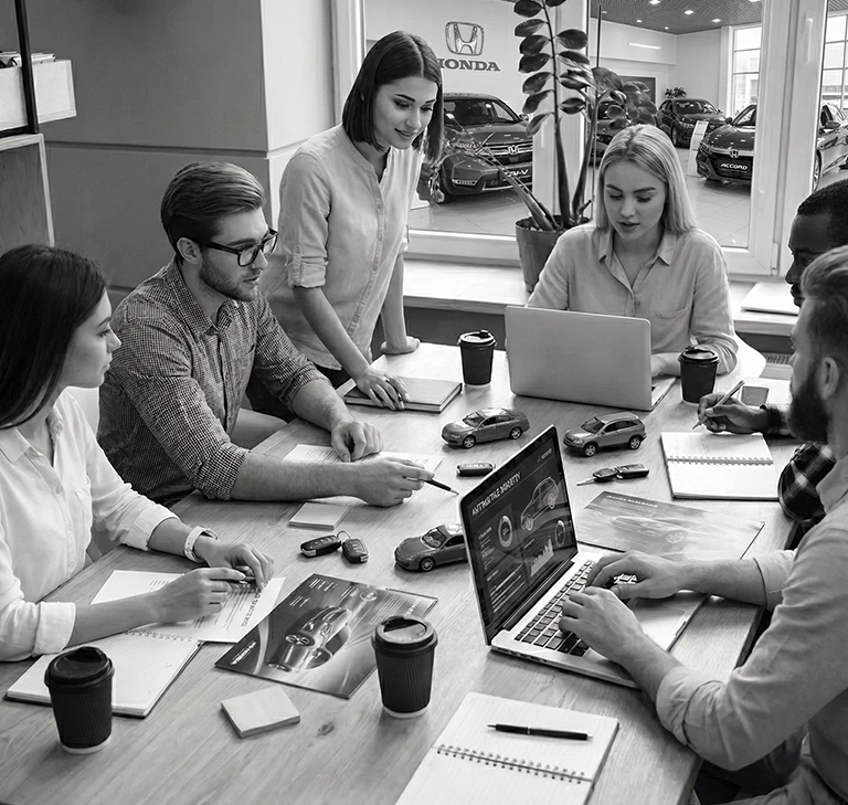 Mayer Group marketing team collaborating at a conference table to analyze real-time automotive sales data, with a Honda car showroom visible through the office window.